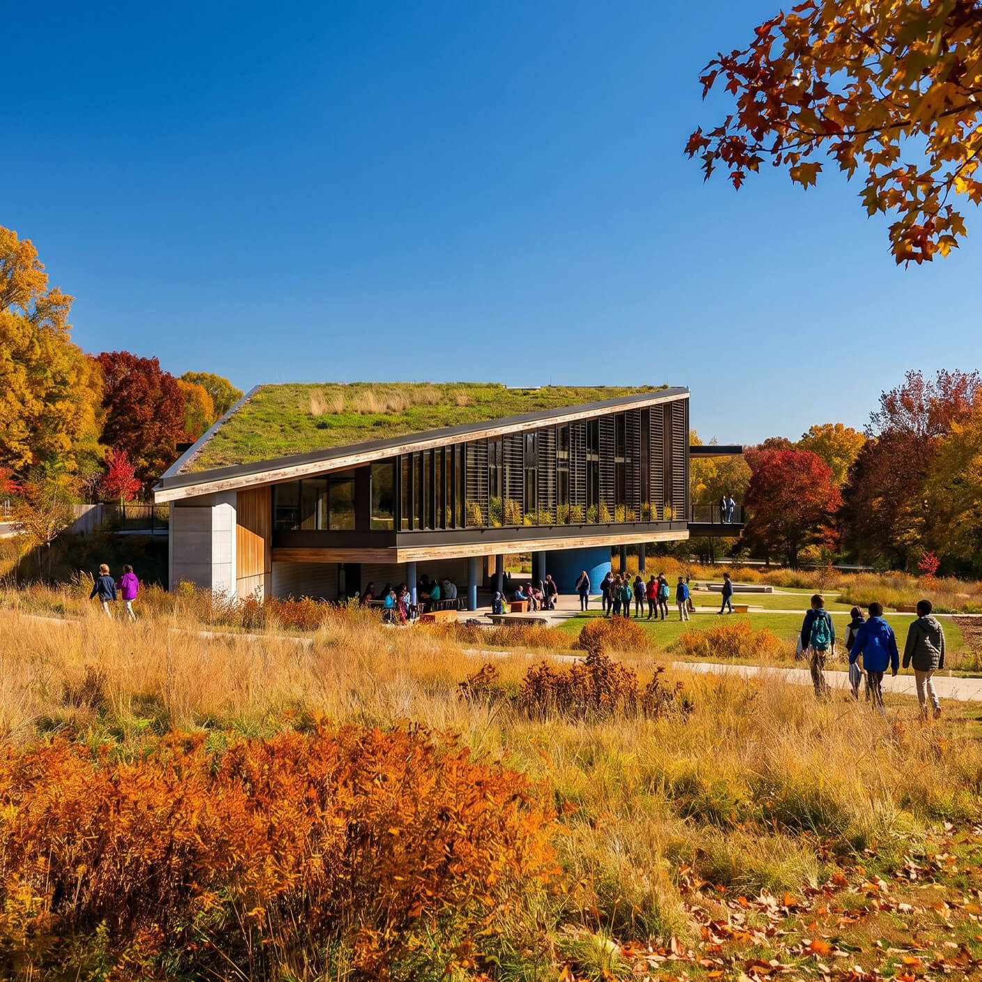 A green-roofed building with broad windows surrounded by colorful autumn foliage and people walking on a pathway. Bright blue sky above.