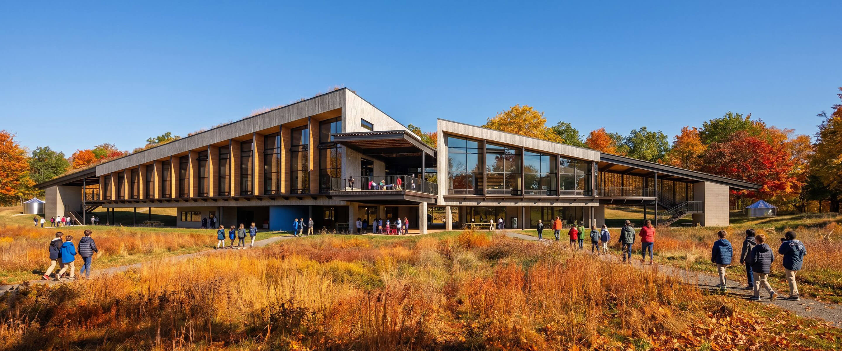 A group of people walks towards an architectural building surrounded by autumn foliage and grass, under a clear blue sky.