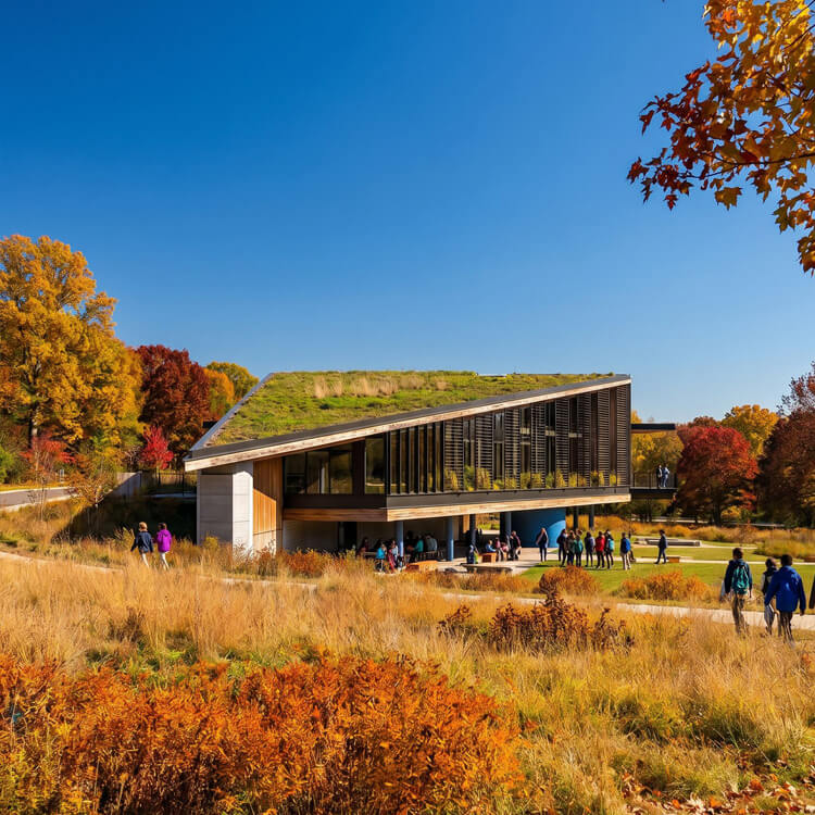 A green-roofed building surrounded by colorful autumn foliage, with people gathering outside on a sunny day.