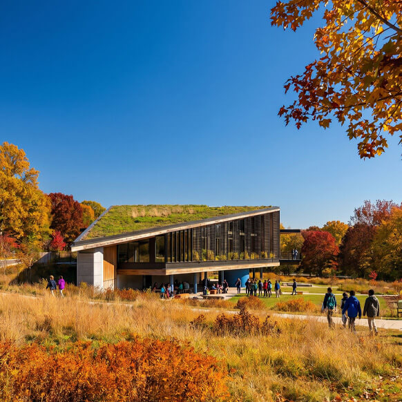Landscape with a green-roofed building surrounded by autumn trees. People walk along a pathway in a natural setting with tall grass.