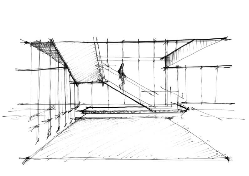 Architectural sketch of a two-level structure featuring stairs, glass walls, and open spaces, illustrating design concepts and spatial relationships.