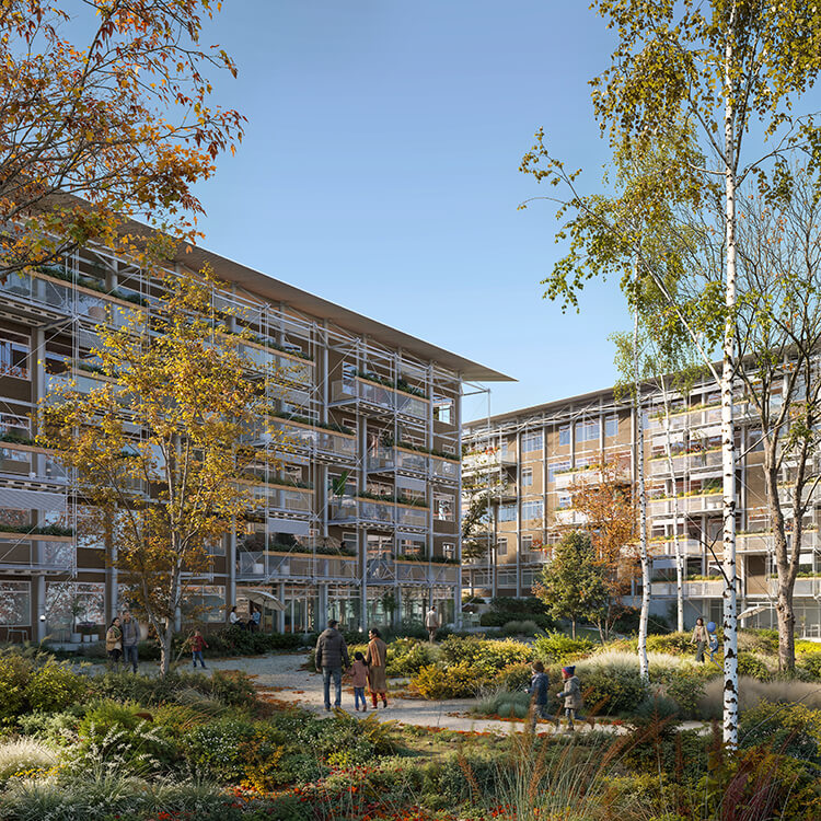 Residential buildings with large glass windows surrounded by trees and landscaped gardens, featuring people walking and enjoying outdoor space.