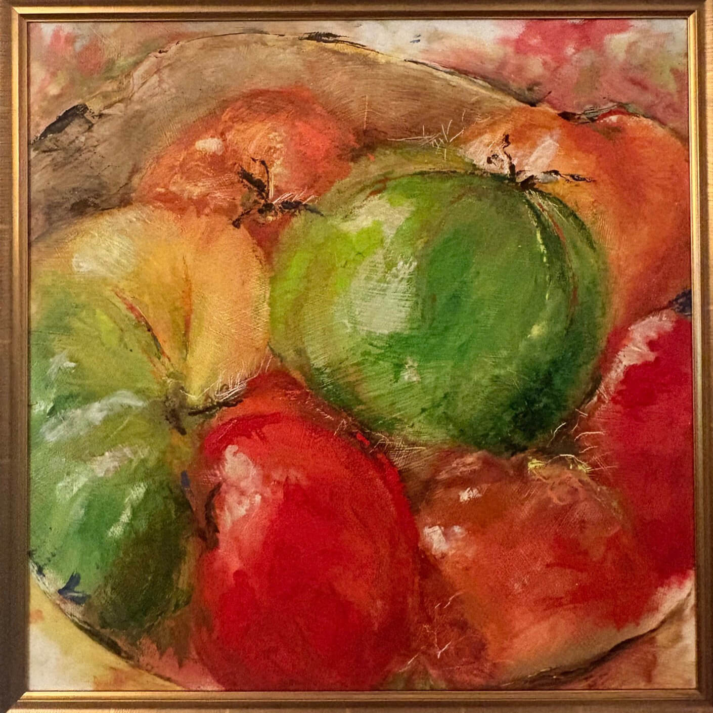 Still life painting featuring colorful fruits, including green, yellow, and red apples, set against a soft background. Framed artwork.