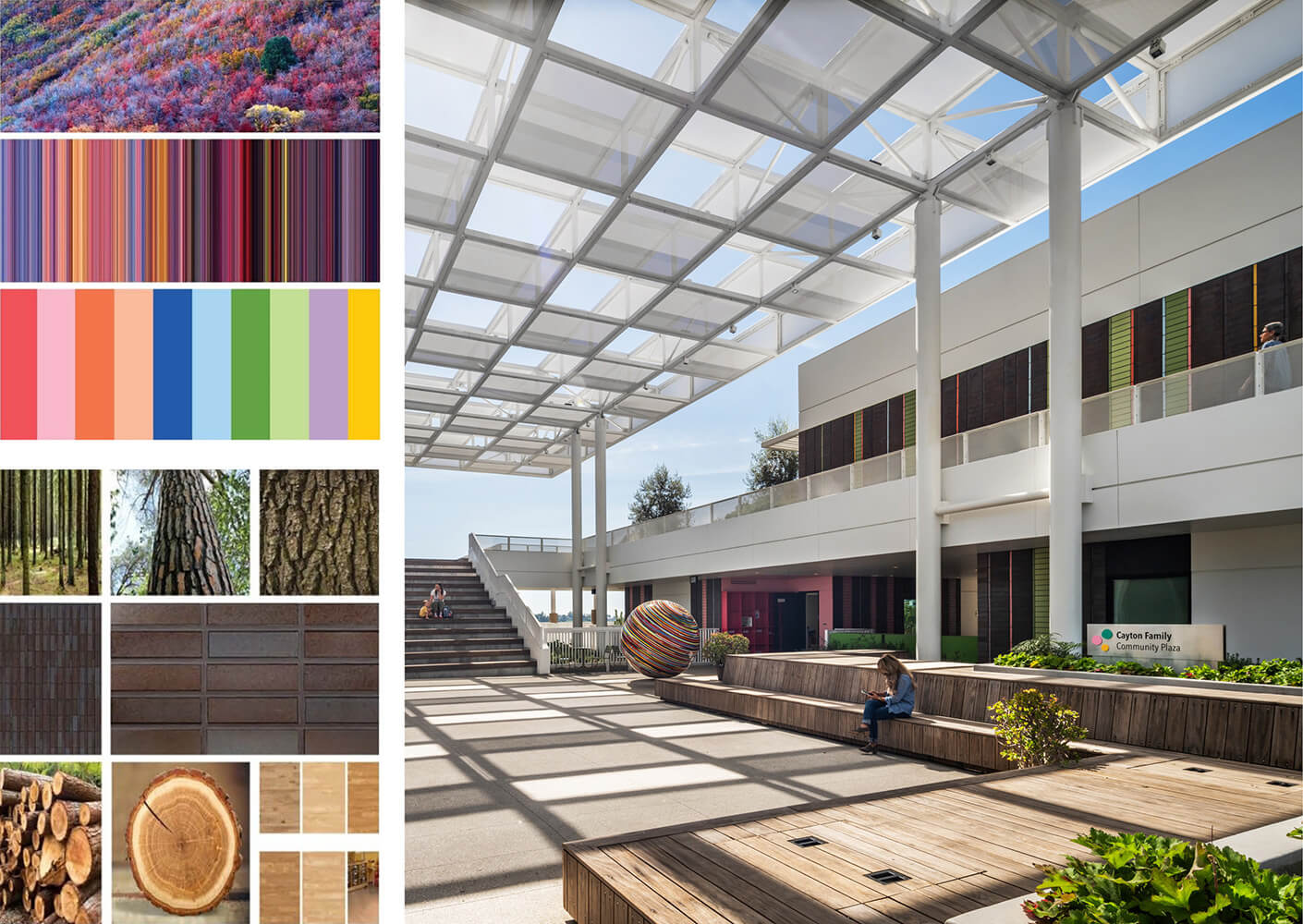 Architectural courtyard with natural light, diverse textures, and seating areas. Includes colorful panels and a decorative sphere.