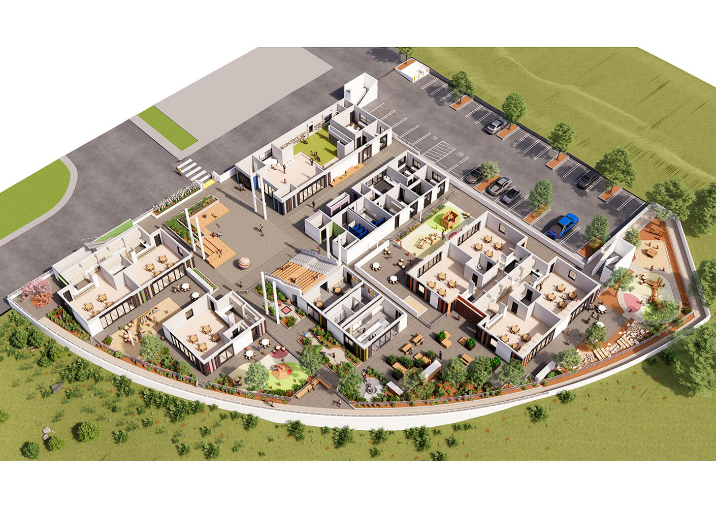 Architectural layout of a community space featuring buildings, outdoor seating areas, gardens, and parking spaces. Aerial view showcasing design.