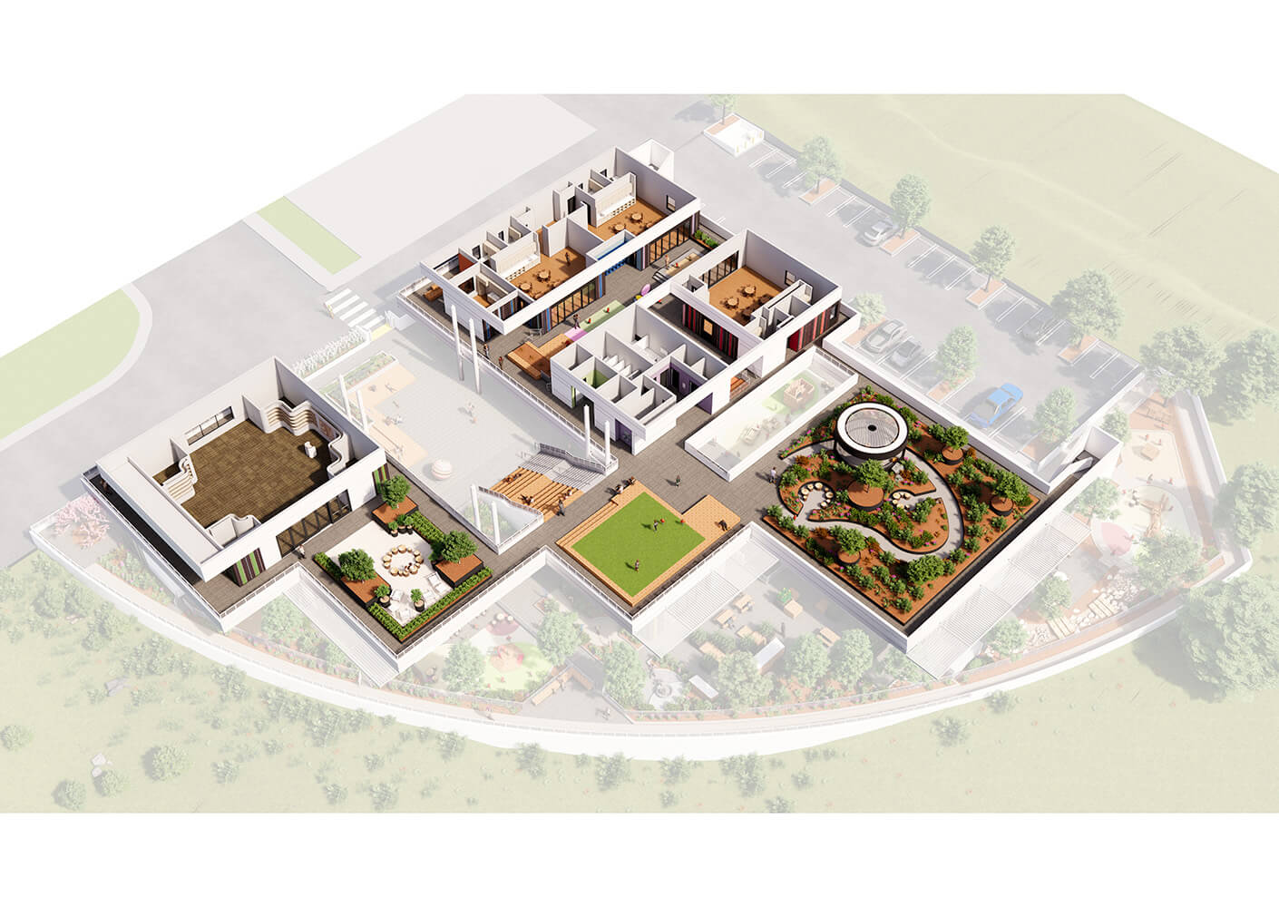 Architectural layout of a multi-building complex featuring outdoor spaces, gardens, and diverse interior room arrangements. Aerial view.