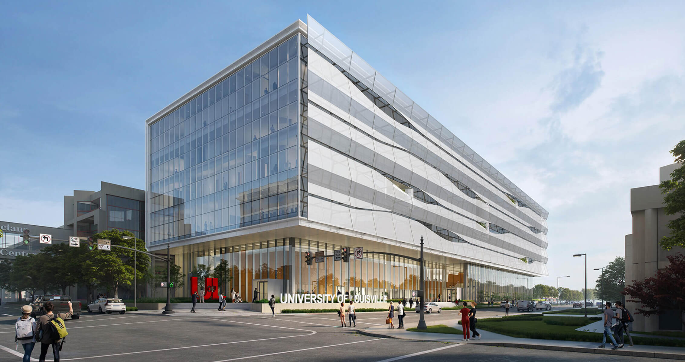 Rendering of the University of Louisville building, showcasing glass facades and pedestrians at a busy intersection.