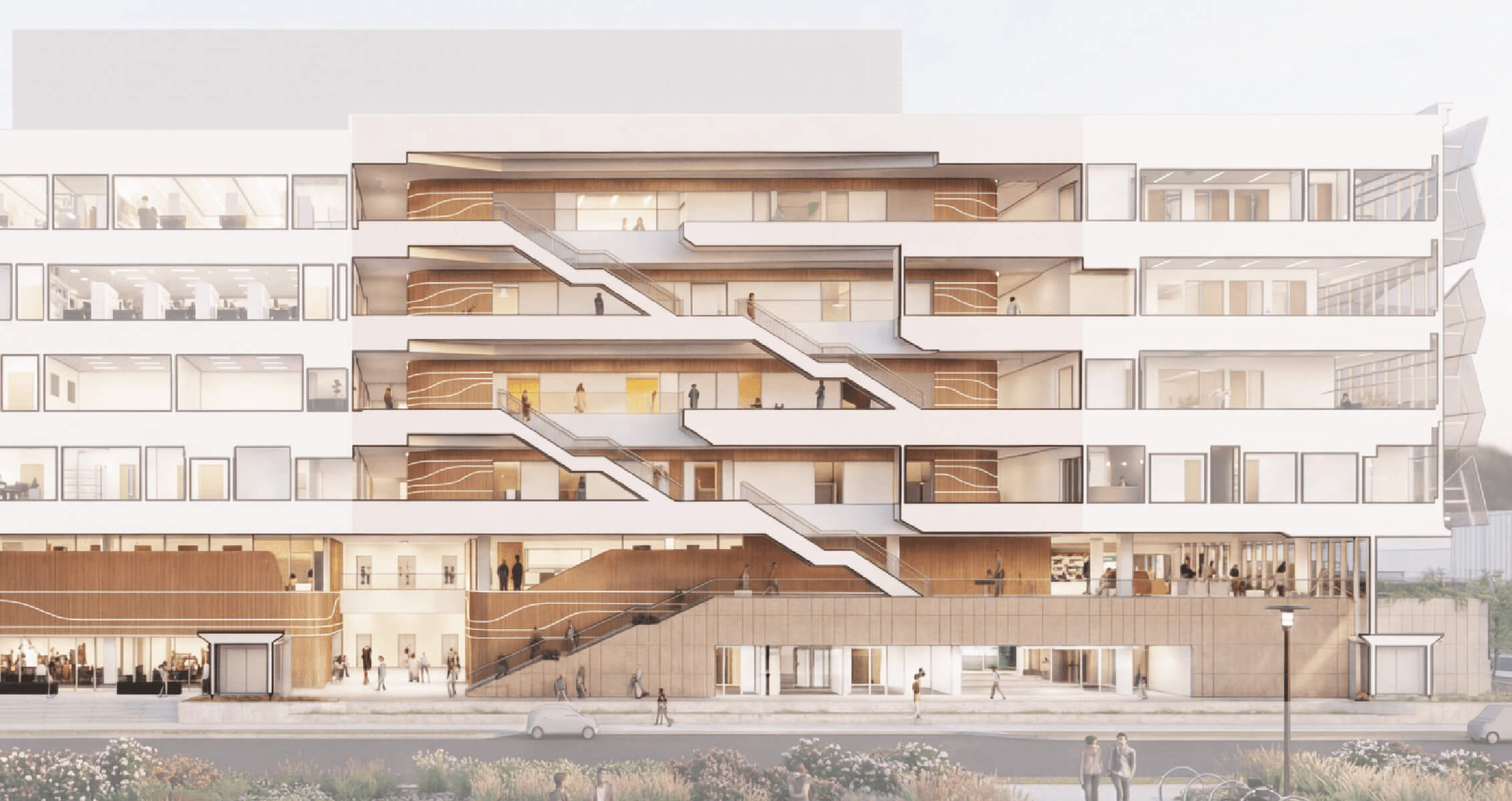 Architectural rendering of a multi-level building with exterior staircases, large windows, and a variety of office and communal spaces.