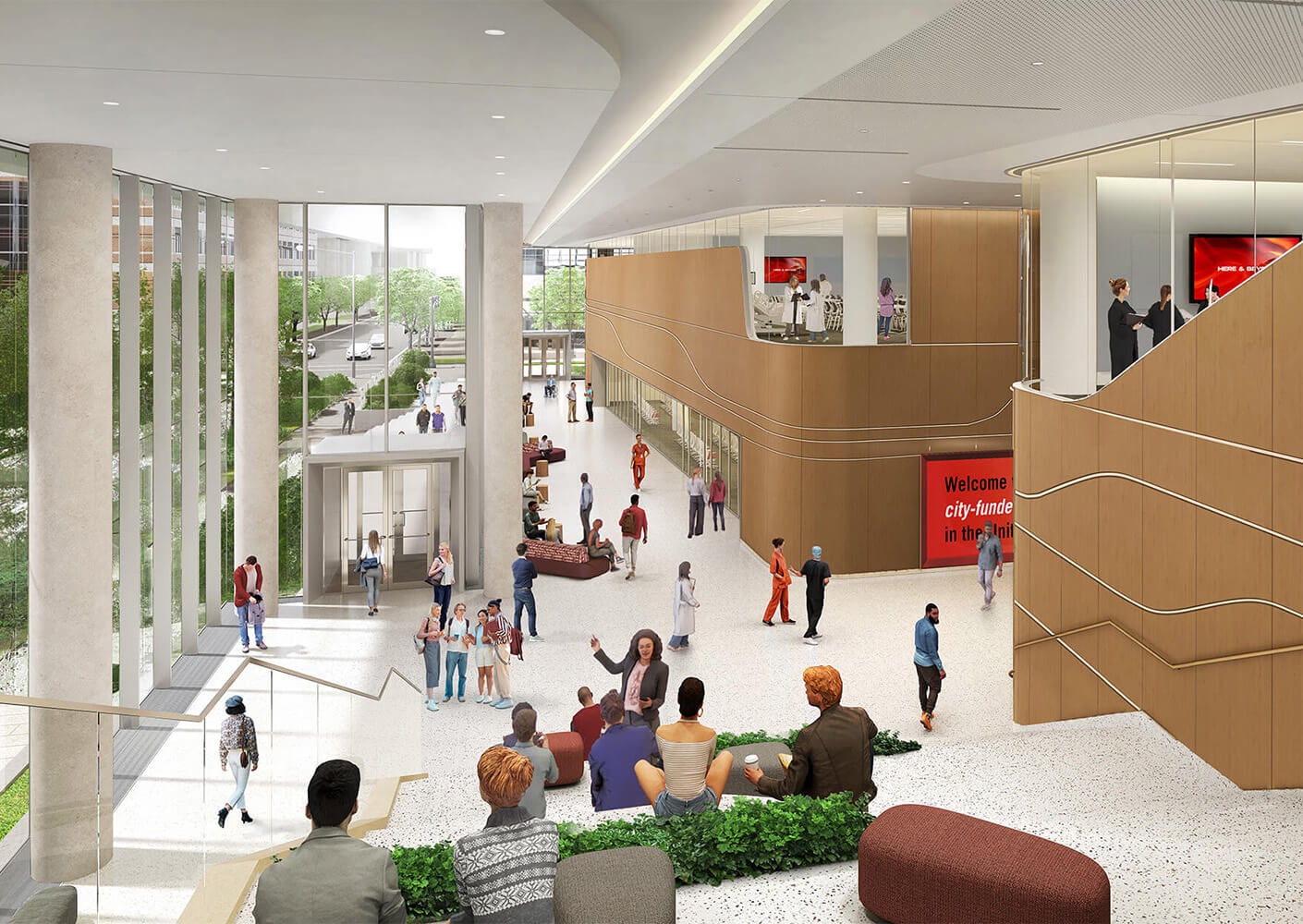Interior view of a community space featuring people engaged in activities, large windows, seating areas, and a welcoming entrance.