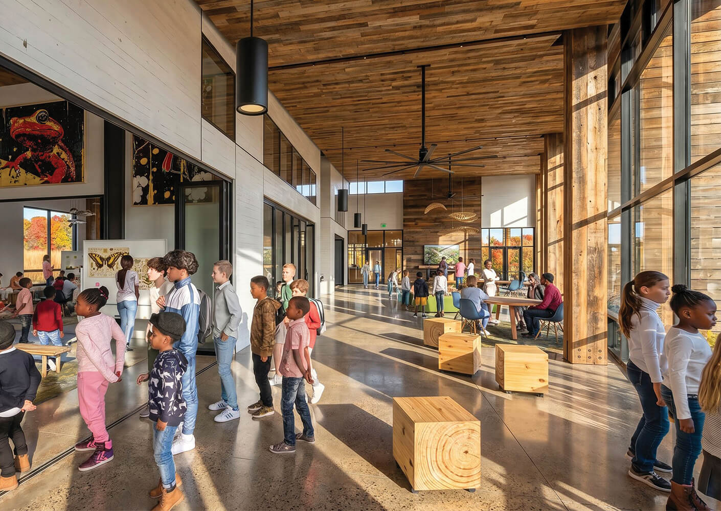 Children engage in various activities in a spacious community building featuring large windows, wooden details, and open areas for collaboration.