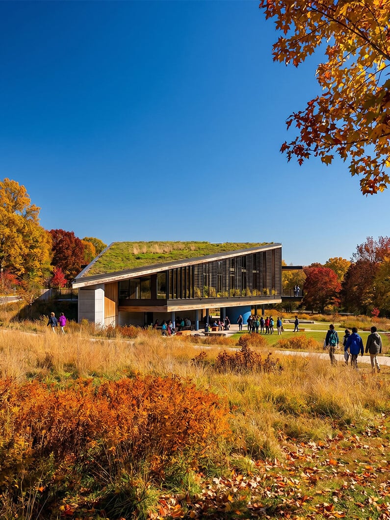 Building with green roof and large windows surrounded by colorful autumn foliage and people walking on a path. Clear blue sky overhead.