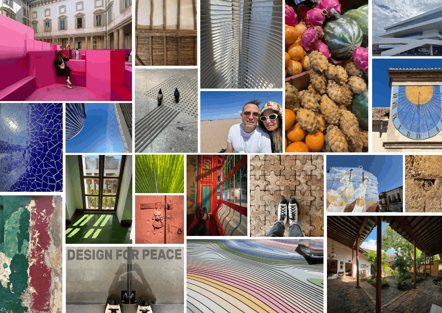 A collage showcasing diverse architectural elements, textures, and vibrant colors, highlighting design themes and outdoor spaces.