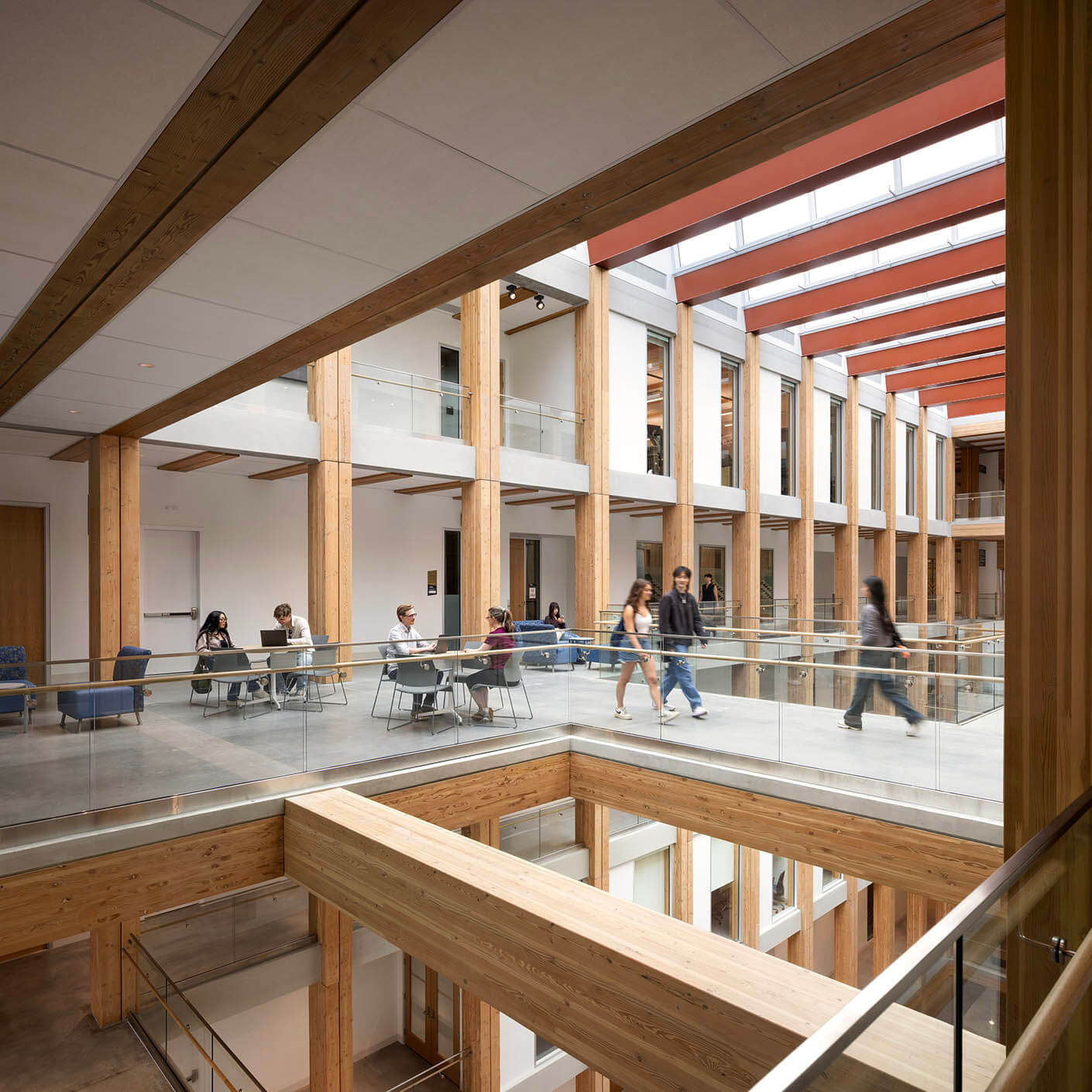 Interior daytime view of the central atrium of the UBC MacIsaac Health Building