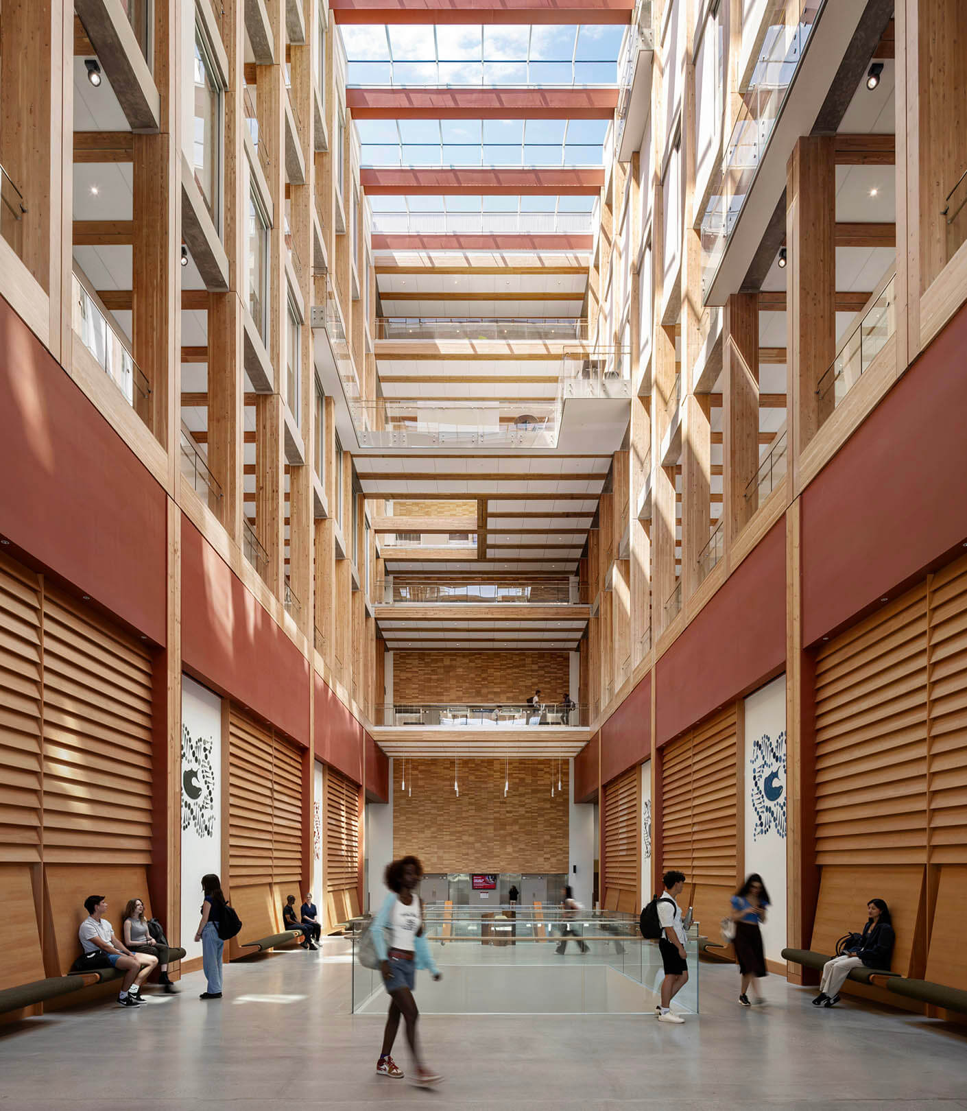Interior daytime view of the central atrium of the UBC MacIsaac Health Building