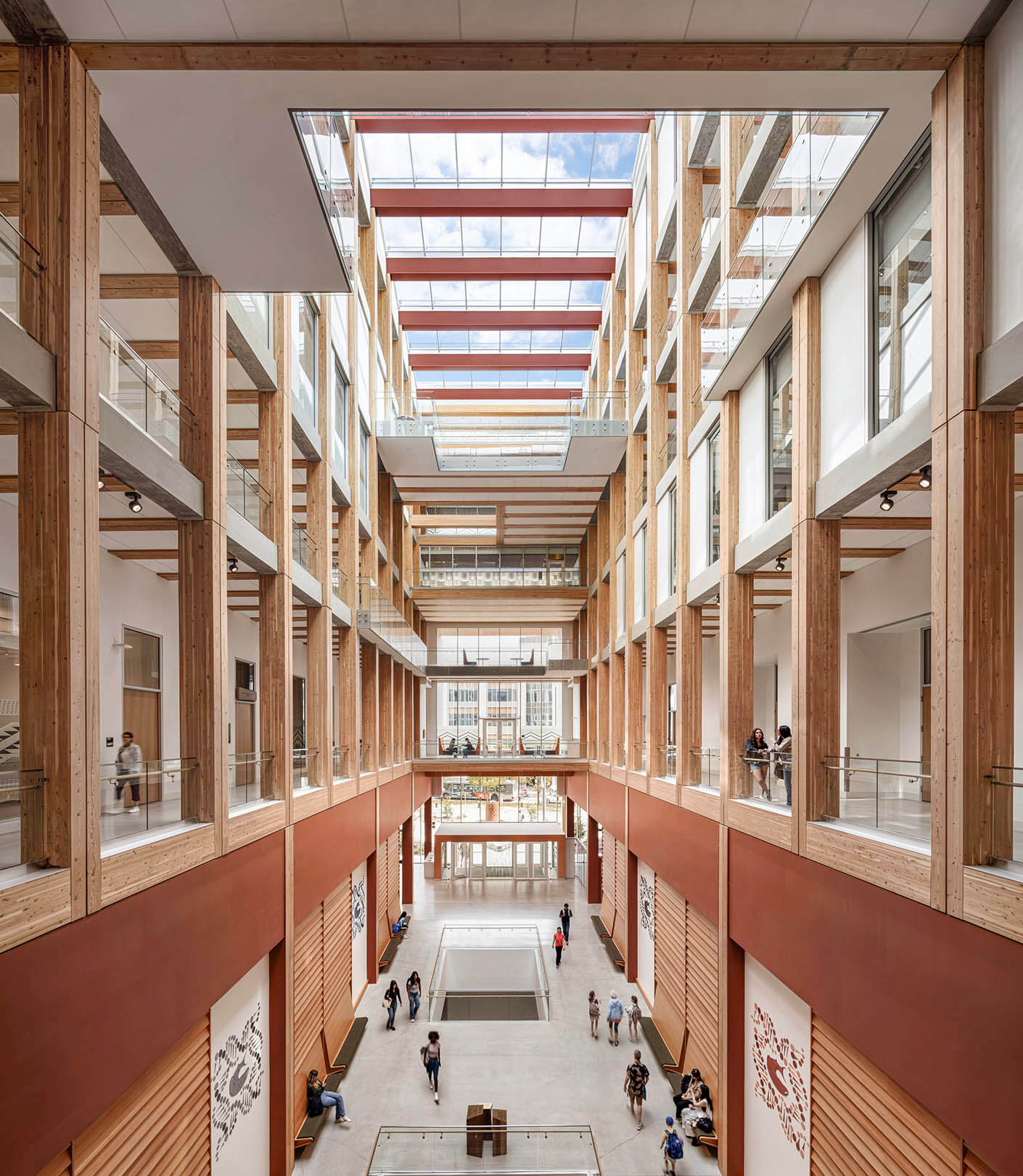 Interior daytime view of the central atrium of the UBC MacIsaac Health Building
