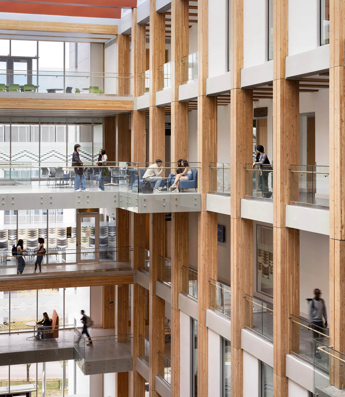Interior daytime view of the central atrium of the UBC MacIsaac Health Building