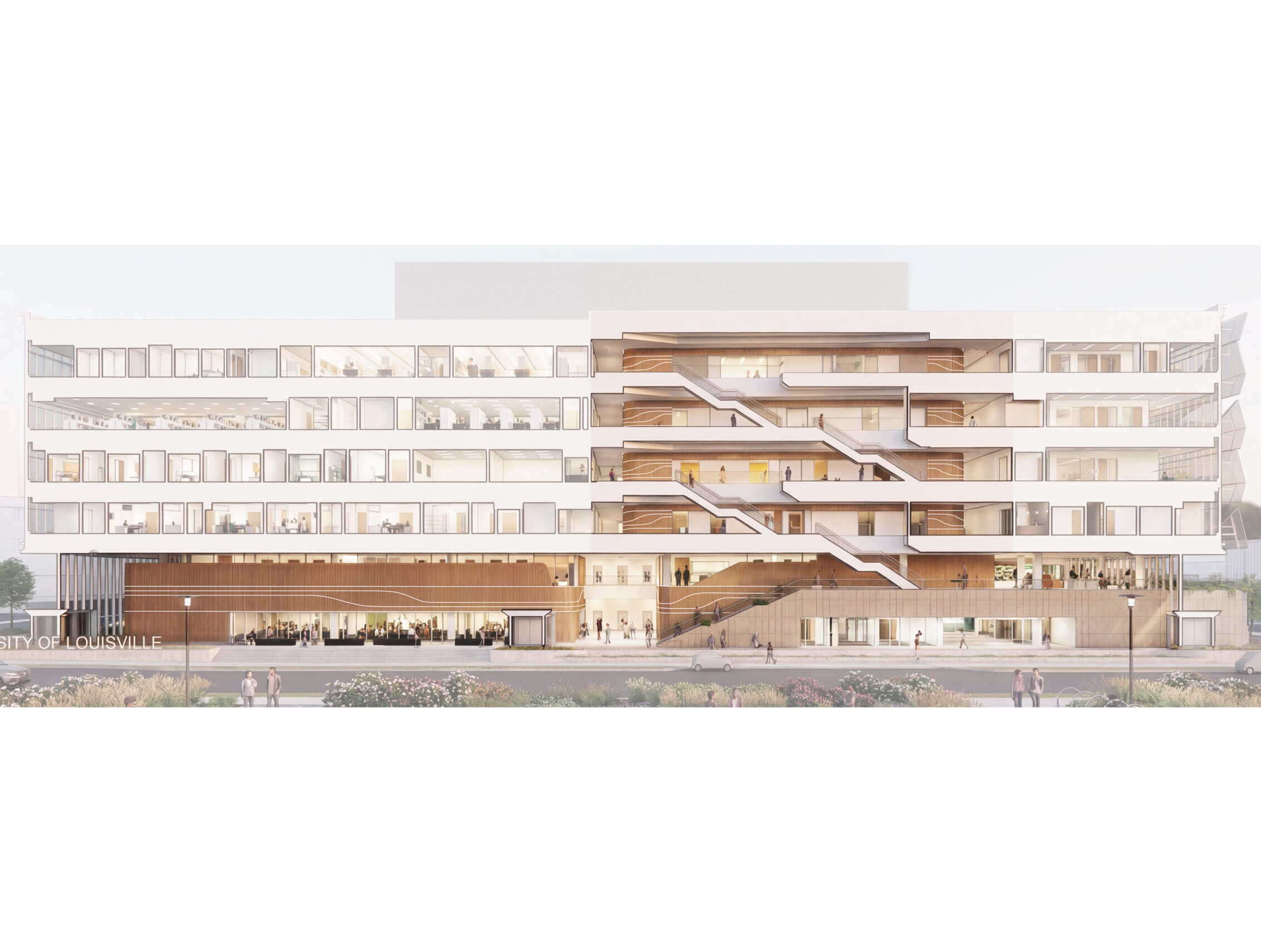 Architectural rendering of a multi-level building design for the University of Louisville with large windows and various outdoor spaces.