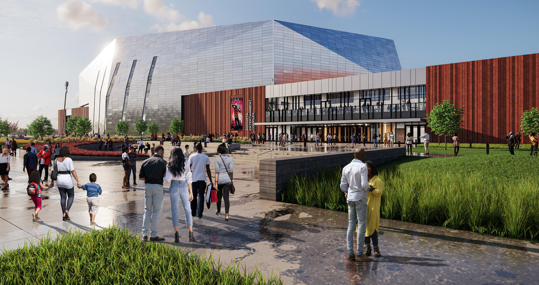 Crowd of visitors at a vibrant entertainment complex, featuring a large glass facade and outdoor landscaping. People engage in various activities.