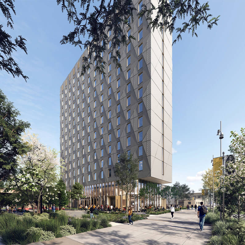 Architectural rendering of a tall building with geometric façade, surrounded by greenery and people walking on a pathway. Clear blue sky above.