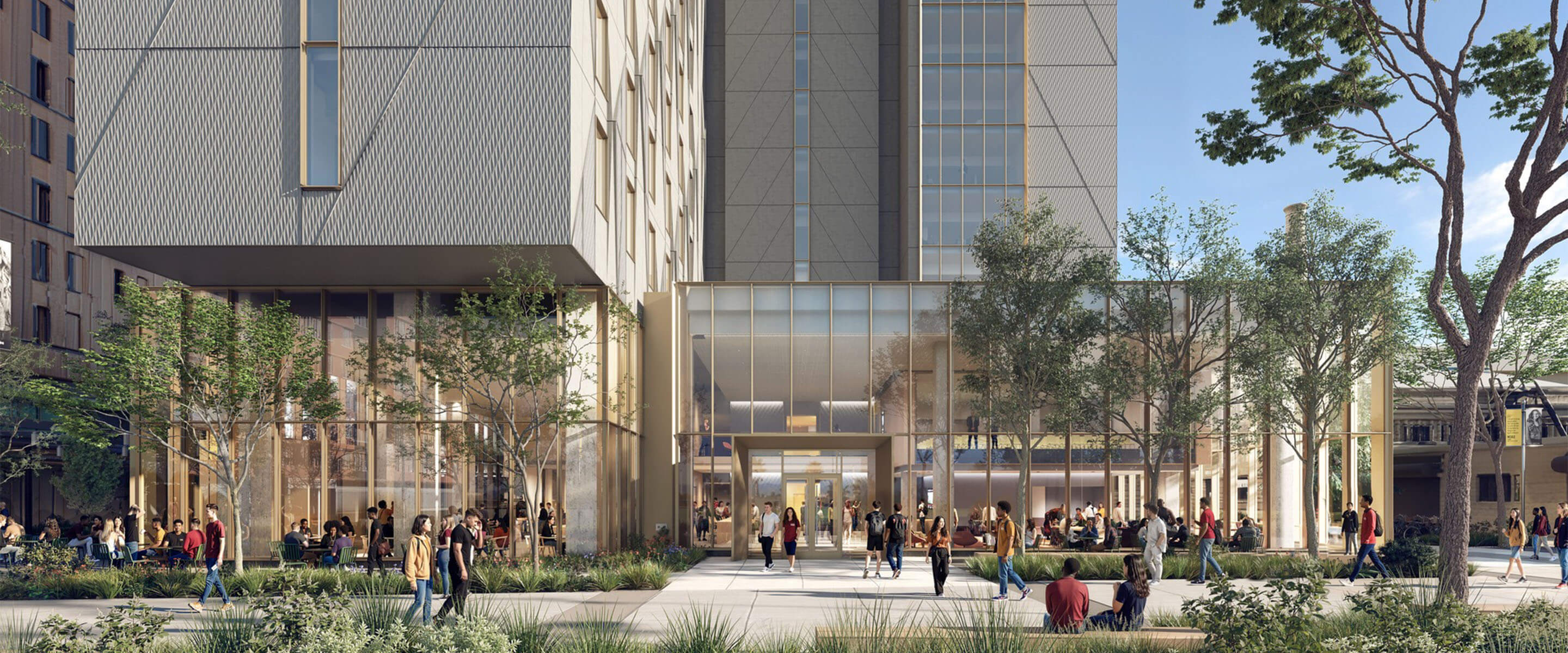Architectural rendering of a building entrance with glass facades, outdoor seating, and landscaped areas. People are gathered in the space.