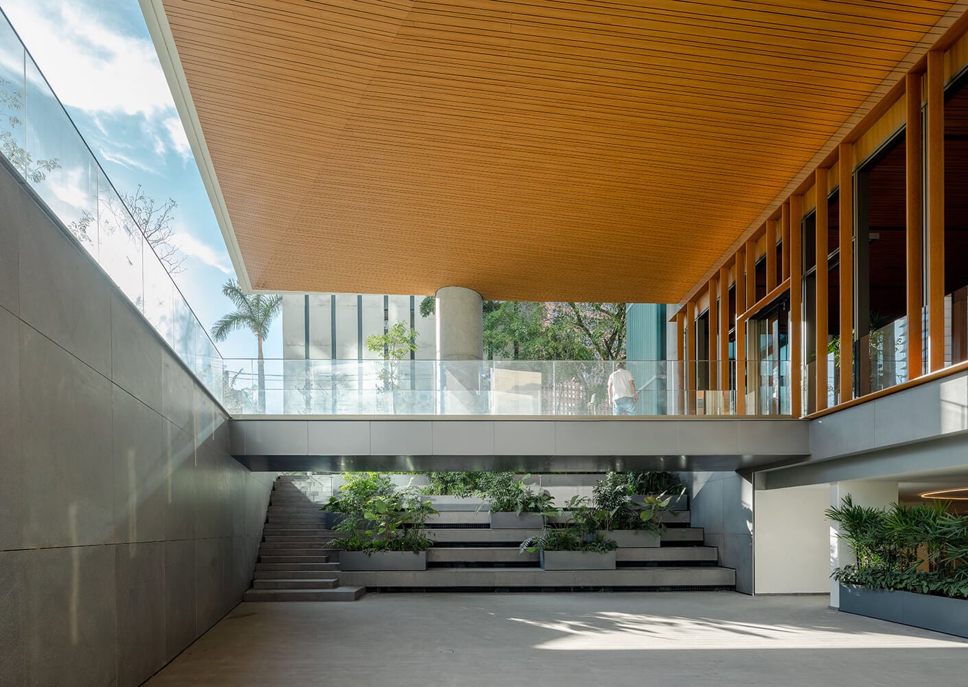 Interior view showcasing a wooden ceiling, glass railings, and landscaped stairs with planters in a contemporary architectural setting.