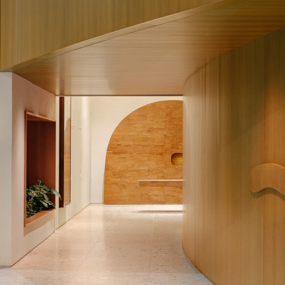 A curved hallway features wooden paneling with a plant nook. An arched wall design is visible in the background, creating a unique architectural element.