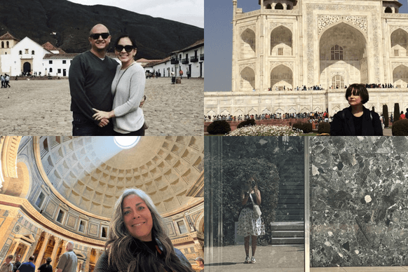 A collage of travel photos featuring a couple in a historic setting, the Taj Mahal, an architectural dome, and various visitors at different locations.